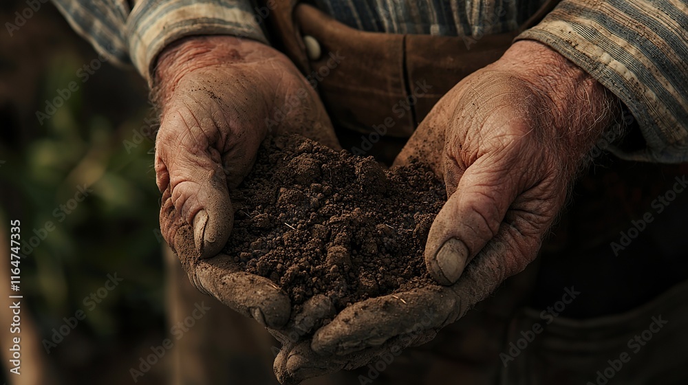 Farmer reflects on soil quality while holding earth in hands during harvest season Farmer reflects on soil quality while holding earth in hands during harvest season