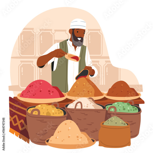 Muslim vendor man cartoon character selling exotic spices in sacks at oriental street market stall