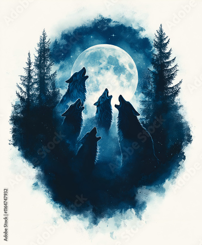Graphic illustration of a wolf pack howling at the moon isolated on white background