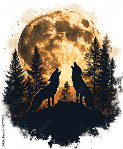 Graphic illustration of a wolf pack howling at the moon isolated on white background