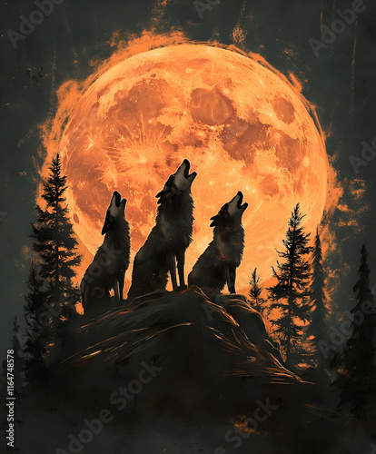Graphic illustration of a wolf pack howling at the moon