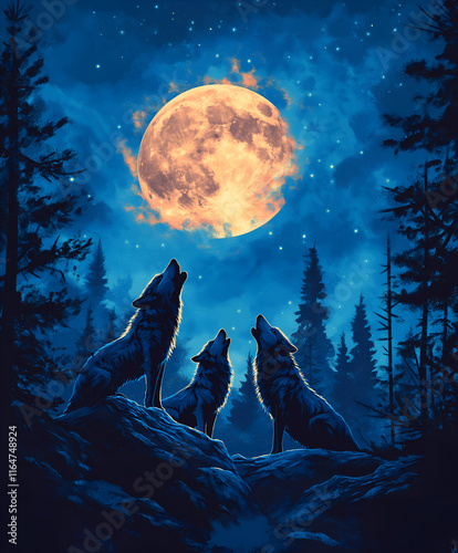 Graphic illustration of a wolf pack howling at the moon