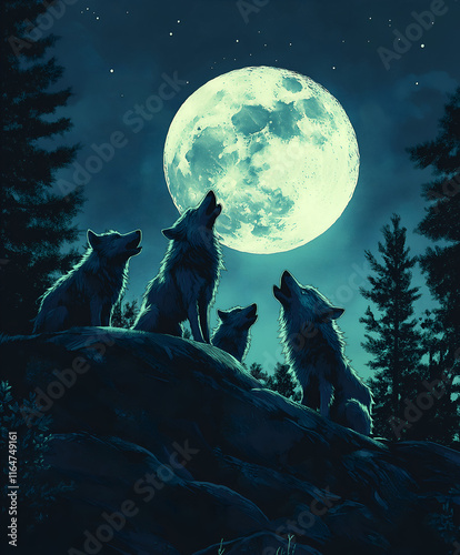 Graphic illustration of a wolf pack howling at the moon