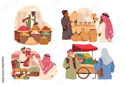 Eastern local street market with arabic merchant offering exotic spices, carpet, pottery, fruits set