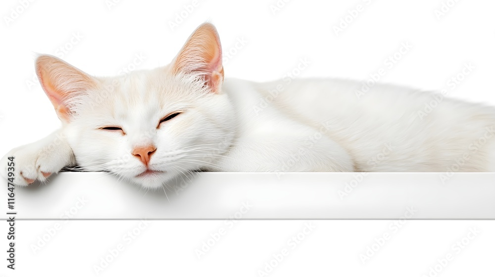 Adorable White Cat Relaxing on a White Surface with a Sleepy Expression, Soft Fur, and a Minimalistic Background, Perfectly Capturing Calmness, Serenity, and the Charm of Feline Rest Adorable White Cat Relaxing on a White Surface with a Sleepy Expression, Soft Fur, and a Minimalistic Background, Perfectly Capturing Calmness, Serenity, and the Charm of Feline Rest
