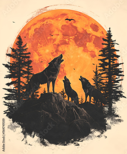 Graphic illustration of a wolf pack howling at the moon