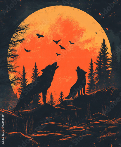 Graphic illustration of a wolf pack howling at the moon