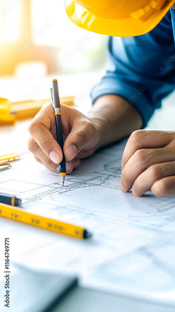 A person in a hard hat is drawing architectural plans on a table, showcasing design and engineering work. A person in a hard hat is drawing architectural plans on a table, showcasing design and engineering work.
