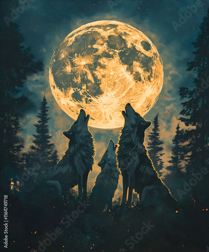 Graphic illustration of a wolf pack howling at the moon