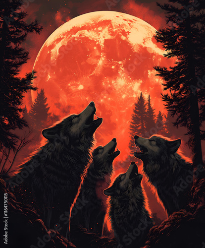 Graphic illustration of a wolf pack howling at the moon