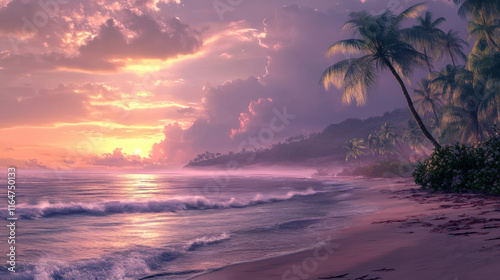 A vibrant tropical beach during sunrise, the sky painted with soft pastel hues of pink, orange