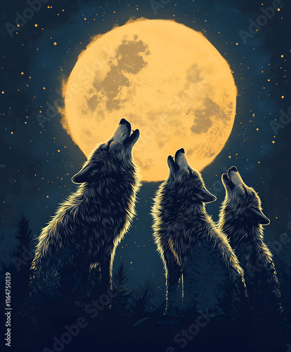 Graphic illustration of a wolf pack howling at the moon