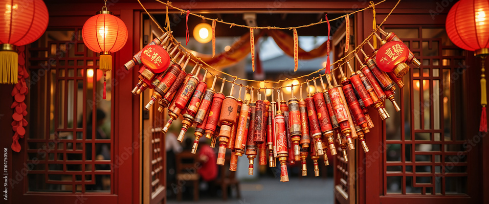 Obraz premium Chinese New Year decorations with lanterns and firecrackers