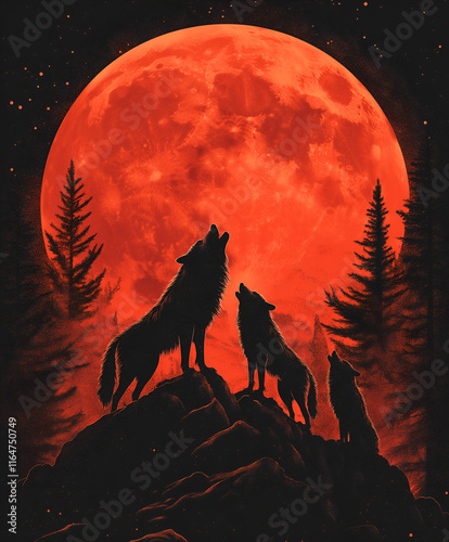 Graphic illustration of a wolf pack howling at the moon