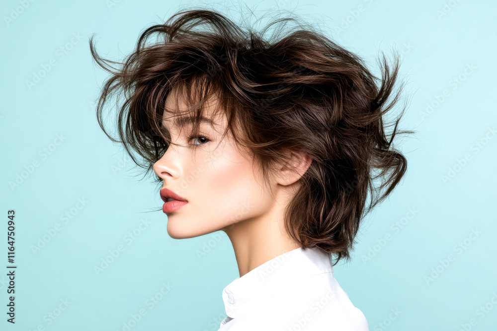 A profile shot of a woman with tousled hair against a light blue background, showcasing a fresh and stylish look. A profile shot of a woman with tousled hair against a light blue background, showcasing a fresh and stylish look.