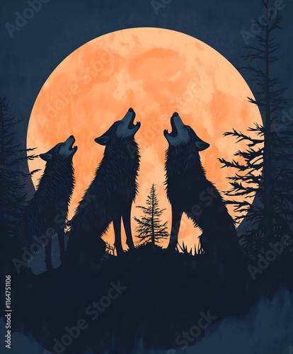Graphic illustration of a wolf pack howling at the moon