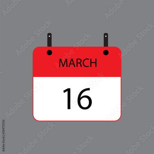 Calendar icon with March 16 date on grey background. Vector schedule symbol.