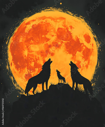 Graphic illustration of a wolf pack howling at the moon