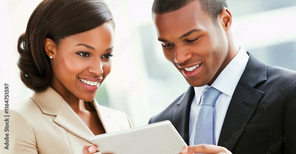 Two smiling business professionals collaborating while using a digital tablet in a modern office setting, showcasing teamwork and effective communication in a contemporary workspace Two smiling business professionals collaborating while using a digital tablet in a modern office setting, showcasing teamwork and effective communication in a contemporary workspace