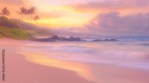 A vibrant tropical beach during sunrise, the sky painted with soft pastel hues of pink, orange
