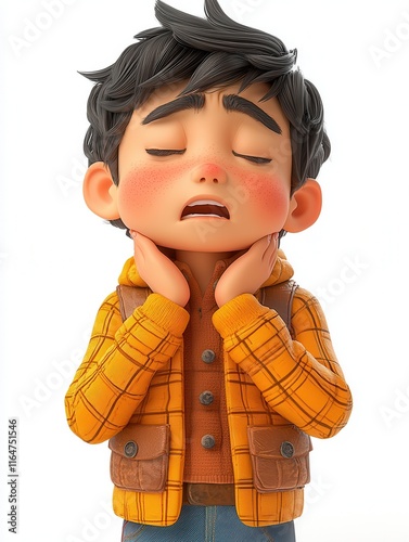 A 3D cartoon boy with a sore throat clutches his neck. Suitable for health apps or educational materials about illnesses.