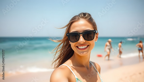 Happy western woman wearing casual summer clothes having fun on a sunny beach