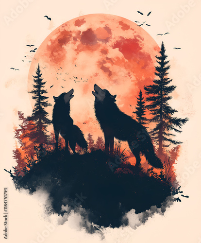 Graphic illustration of a wolf pack howling at the moon