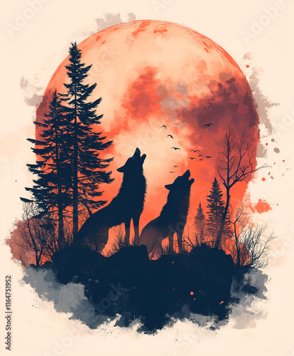 Graphic illustration of a wolf pack howling at the moon
