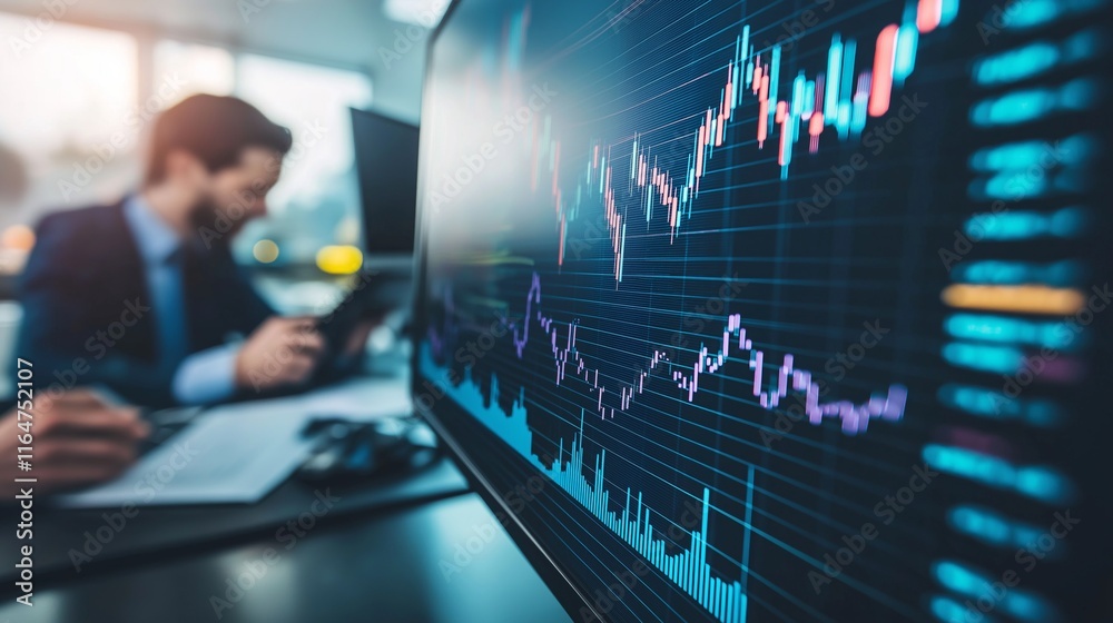 Stock market data is displayed on a computer screen while a broker analyzes financial information in the background, creating a dynamic scene of investment and trading Stock market data is displayed on a computer screen while a broker analyzes financial information in the background, creating a dynamic scene of investment and trading