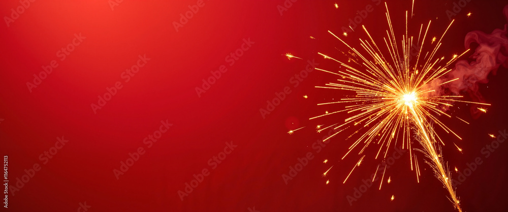 Fototapeta premium Golden firework explosion against vibrant red sky