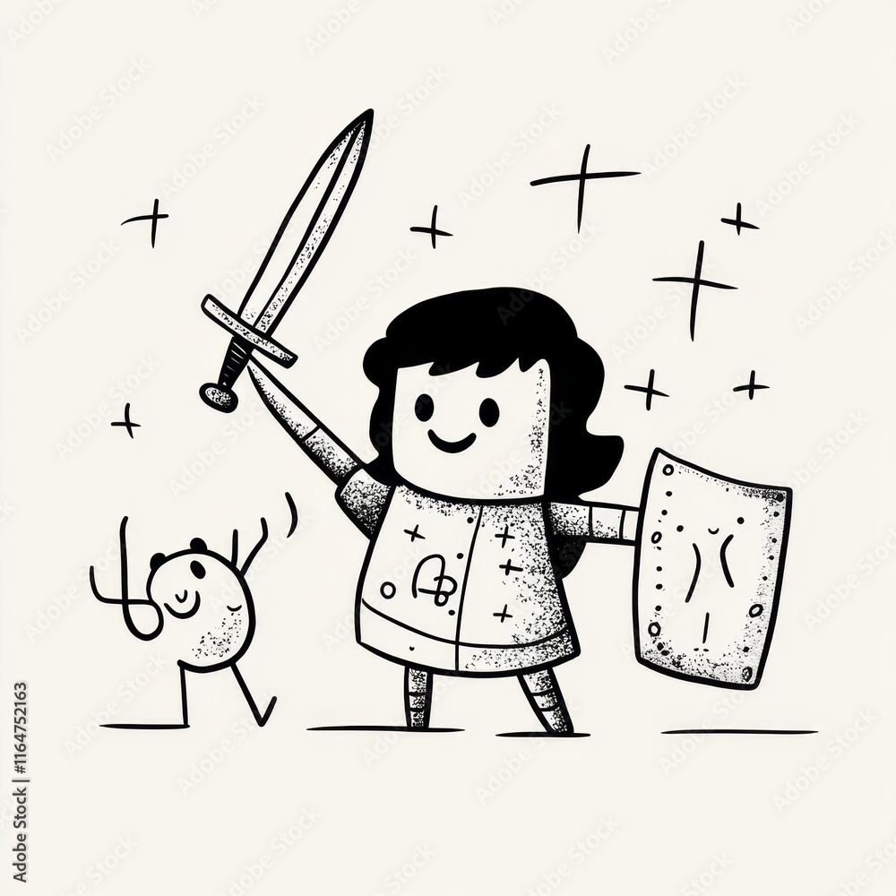 Brave Knight with Sword and Shield Ready for Battle Alongside a Small Companion Sketch Drawing Brave Knight with Sword and Shield Ready for Battle Alongside a Small Companion Sketch Drawing