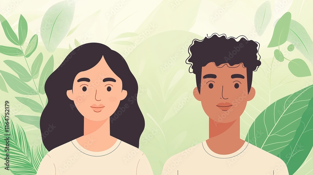 Illustration of a young multi-ethnic couple promoting environmental awareness, depicted with a backdrop of lush green leaves, symbolizing nature and sustainability Illustration of a young multi-ethnic couple promoting environmental awareness, depicted with a backdrop of lush green leaves, symbolizing nature and sustainability