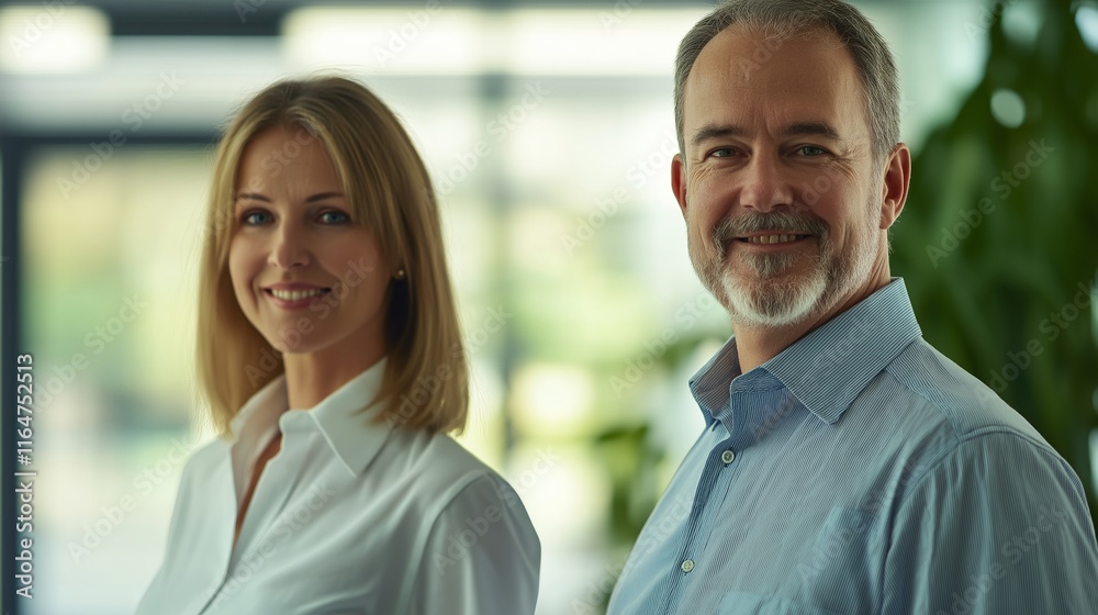 Two cheerful business professionals smiling in a bright, modern office, radiating confidence and success while embodying teamwork and collaboration in their corporate environment Two cheerful business professionals smiling in a bright, modern office, radiating confidence and success while embodying teamwork and collaboration in their corporate environment