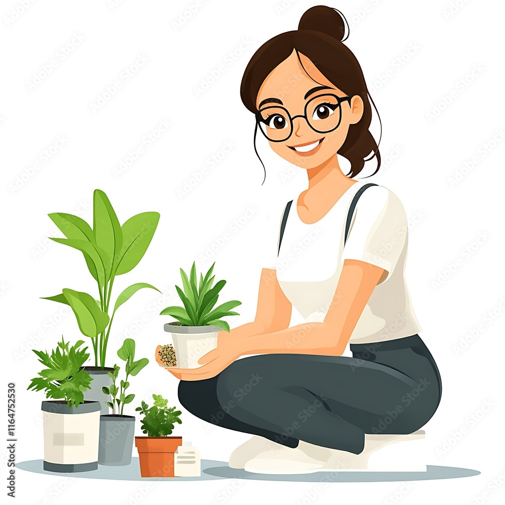 Smiling Woman Tending Potted Plants: A Cheerful Botanical Illustration Smiling Woman Tending Potted Plants: A Cheerful Botanical Illustration