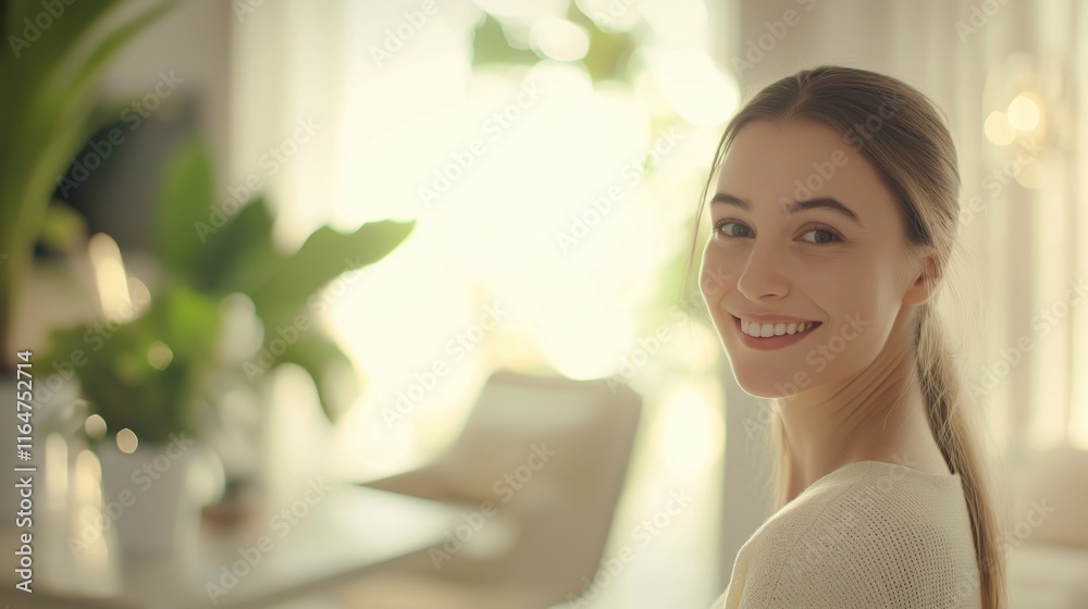 Portrait of a cheerful young woman smiling, enjoying the comfort of her home, with lush green plants adding a touch of nature to the bright interior Portrait of a cheerful young woman smiling, enjoying the comfort of her home, with lush green plants adding a touch of nature to the bright interior