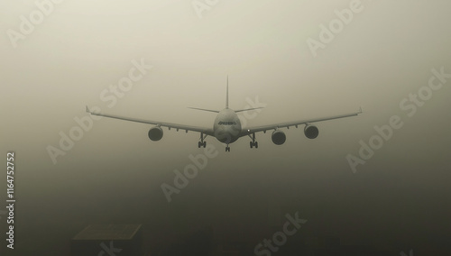 A large airplane descends through thick fog toward a runway. Low visibility conditions are present. The image evokes a sense of mystery and suspense. photo