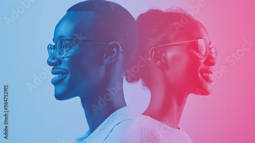Studio shot of a young black man and woman wearing eyeglasses and smiling, back to back with double exposure effect and duotone color correction