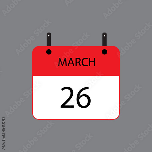 Calendar icon with March 26 date on grey background. Vector schedule symbol.