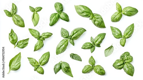Fresh basil leaves on white background, aromatic herbs for culinary and medicinal use