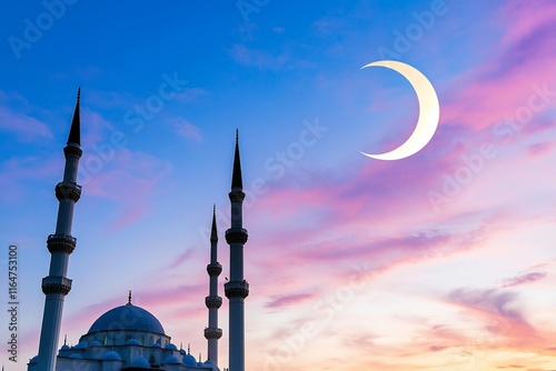 A mosque silhouette against a colorful sunset with a crescent moon. photo