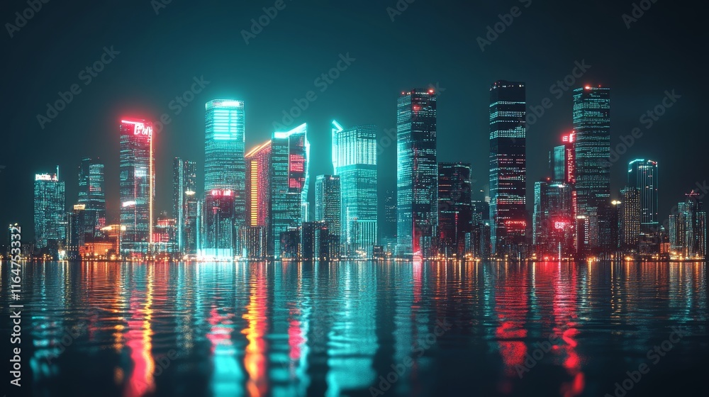 Fototapeta premium Spectacular city at night, a breathtaking view of illuminated skyscrapers and vibrant city lights