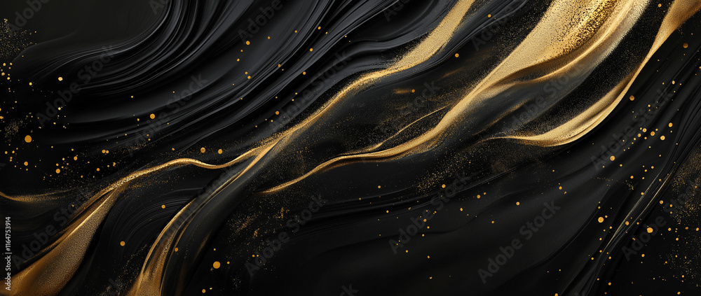 Fluid black and gold abstract art. Swirling textures with gold glitter and speckles create a luxurious, elegant backdrop. Perfect for design projects. Fluid black and gold abstract art. Swirling textures with gold glitter and speckles create a luxurious, elegant backdrop. Perfect for design projects.