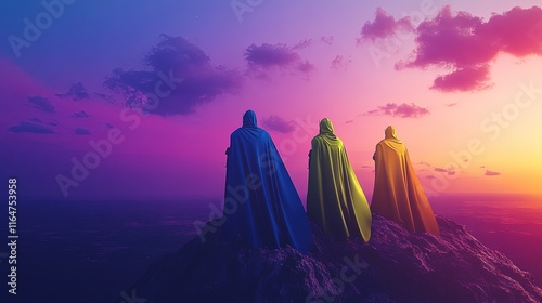 Wallpaper Mural Three cloaked figures stand on a mountaintop at sunset. Torontodigital.ca