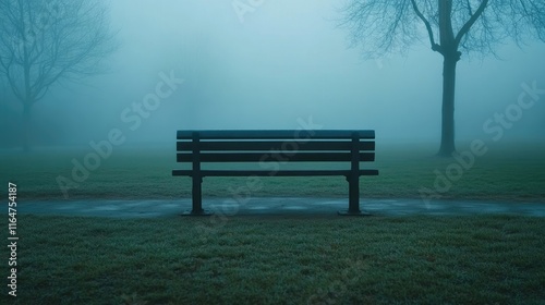 minimalist landscape image of an empty park bench in the middle of a foggy park. The park should be largely empty, with only a few trees, their branches bare and covered in soft mist. Blue Monday.