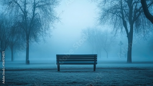 minimalist landscape image of an empty park bench in the middle of a foggy park. The park should be largely empty, with only a few trees, their branches bare and covered in soft mist. Blue Monday.