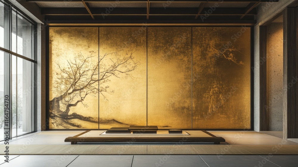 A serene interior with a gold-leaf wall art depicting nature, evoking tranquility. A serene interior with a gold-leaf wall art depicting nature, evoking tranquility.