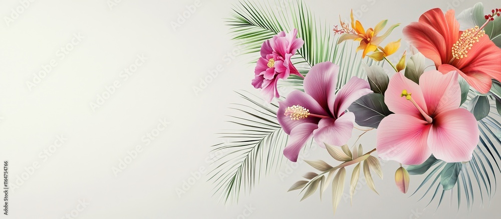 Obraz premium Vibrant tropical flowers and palm leaves on a light background.