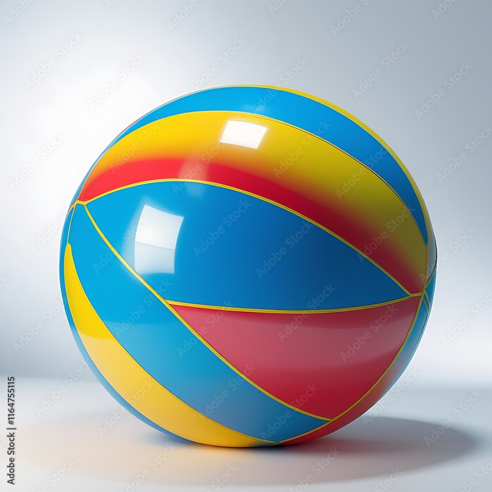 A brightly colored spherical beach ball rests on a white surface A brightly colored spherical beach ball rests on a white surface