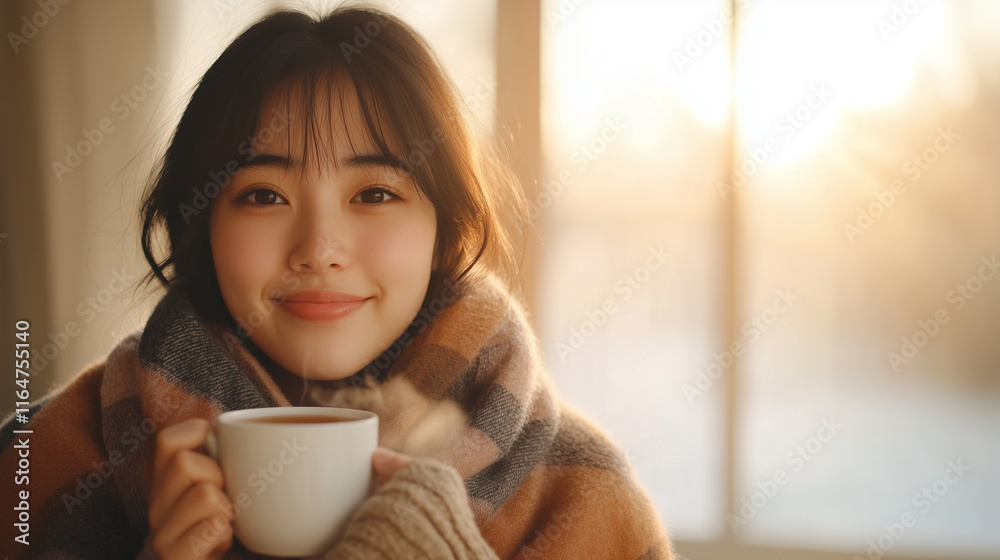 Smiling woman holding cup of coffee, wrapped in cozy blanket, enjoying warm moment by window with soft sunlight illuminating her face. Smiling woman holding cup of coffee, wrapped in cozy blanket, enjoying warm moment by window with soft sunlight illuminating her face.