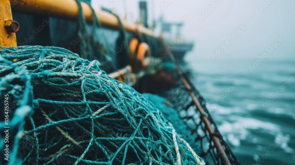 Fishing Nets Entangled in Pollution on Gloomy Coastline Fishing Nets Entangled in Pollution on Gloomy Coastline